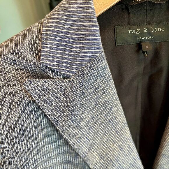 Rag and Bone Blue Pinstripe Linen Blend Two Button Blazer Pockets size 4 - Picture 3 of 5